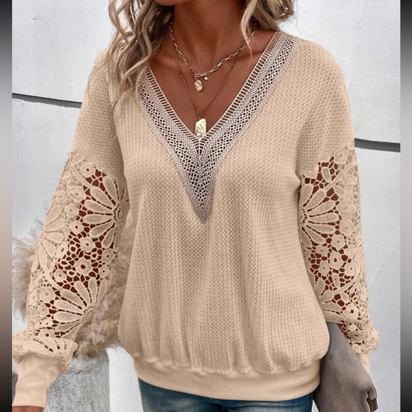 Classic Elegant Sheer Mesh Lace Waffle Knit Long Sleeve Top Shirt - Picture 3 of 11